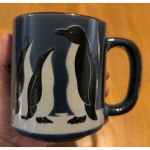Vintage Coffee Tea Mug Penguin Family Blue/Brown Glazed 12 Oz